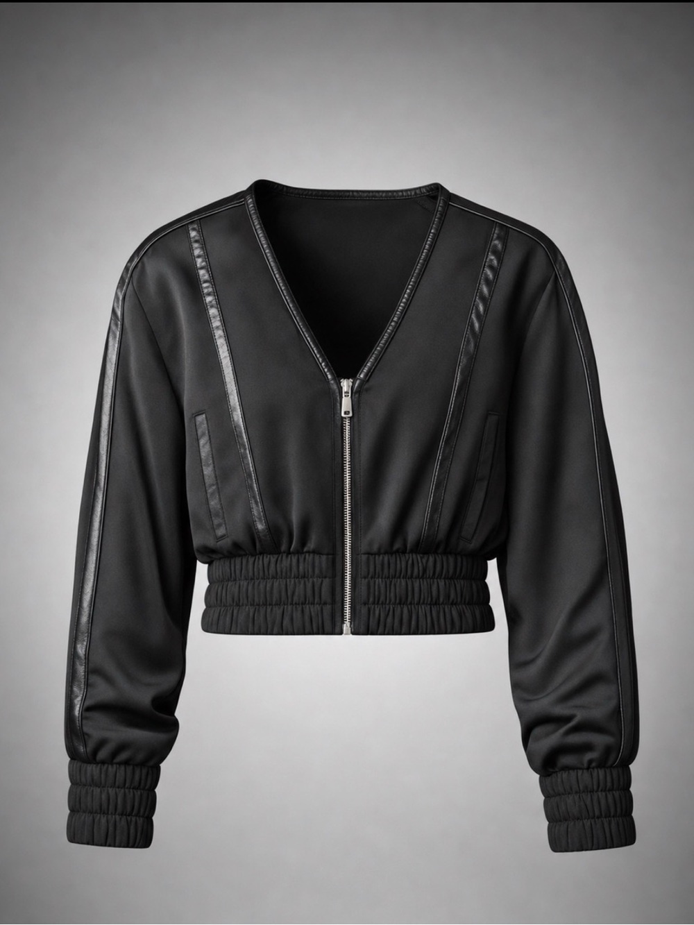 MDV Cropped Satin Bomber Leather Trim Black 4 NWOT